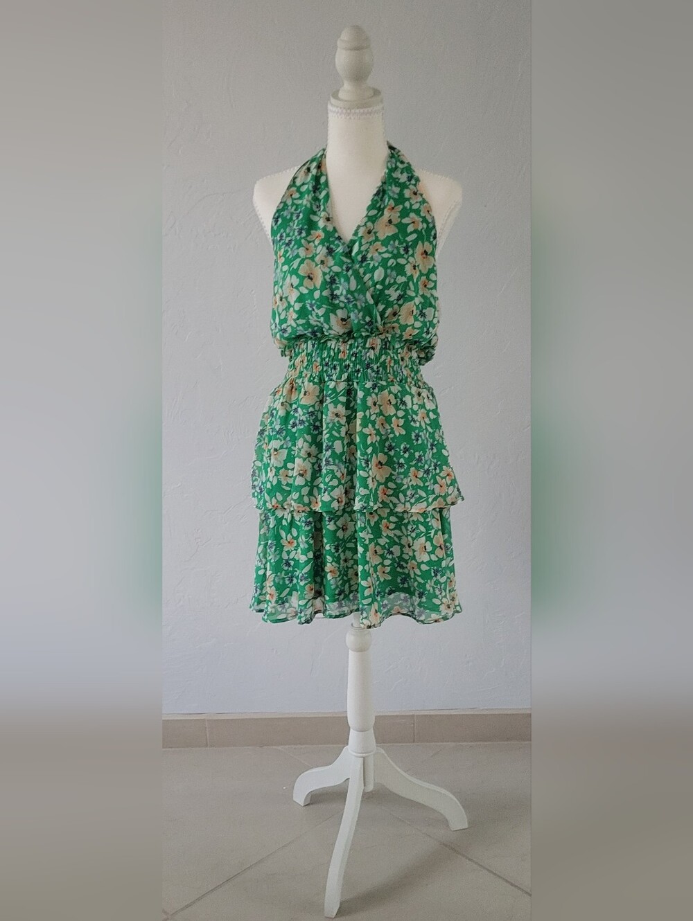 Sienna Sky Green Floral Halter Dress Size M | Tiered Ruffle Summer Resort Mini